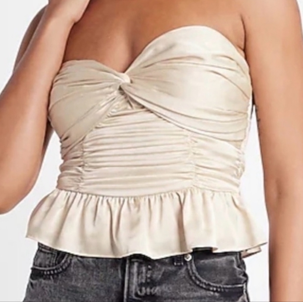 Express Champagne Satin Strapless Peplum Blouse